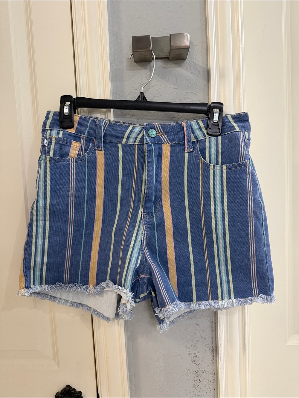 Judy Blue Striped Denim Shorts in Blue, Yellow & Mint